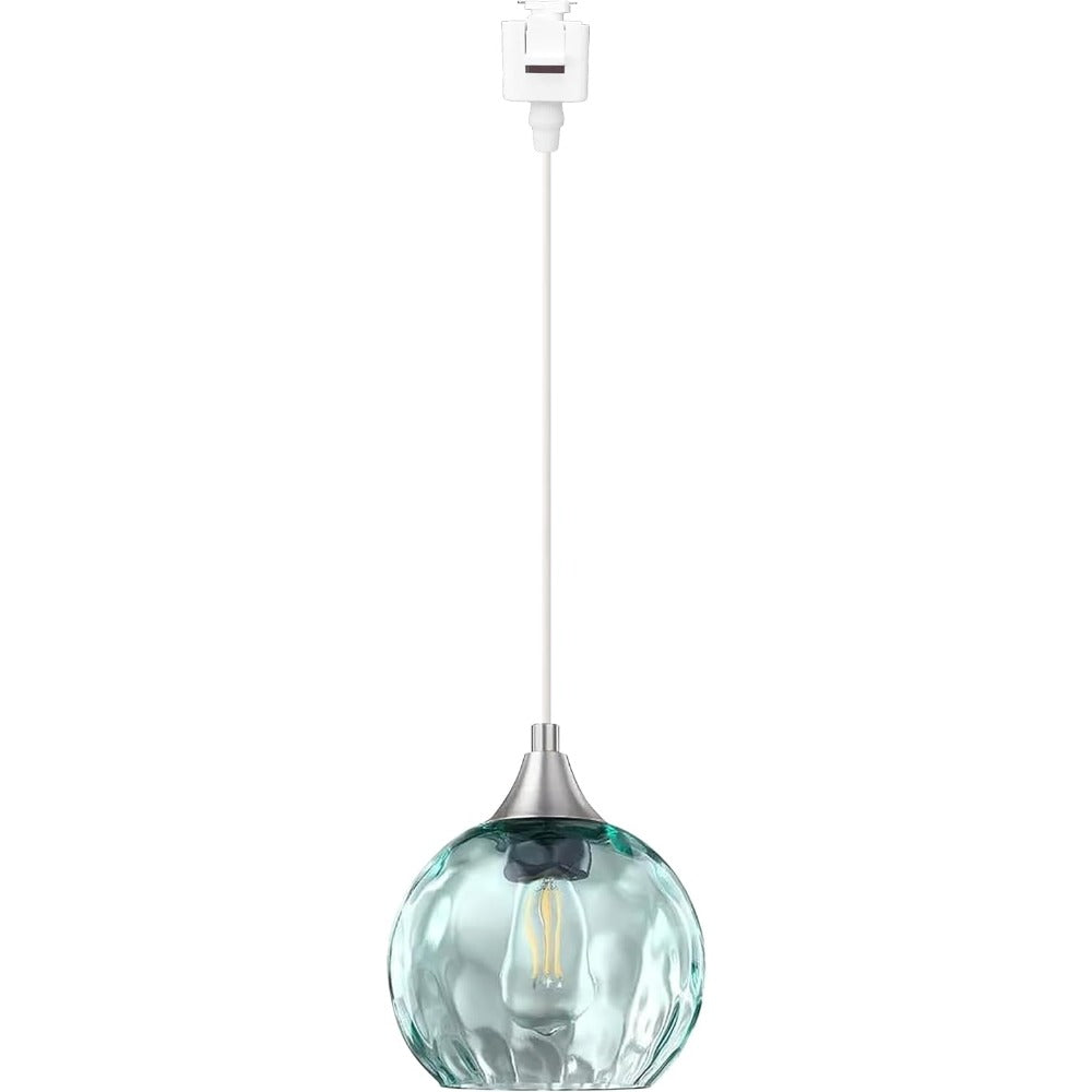 Track lighting pendant with blue dimpled glass globe. Modern decorative lighting fixture for kitchen or hallway.