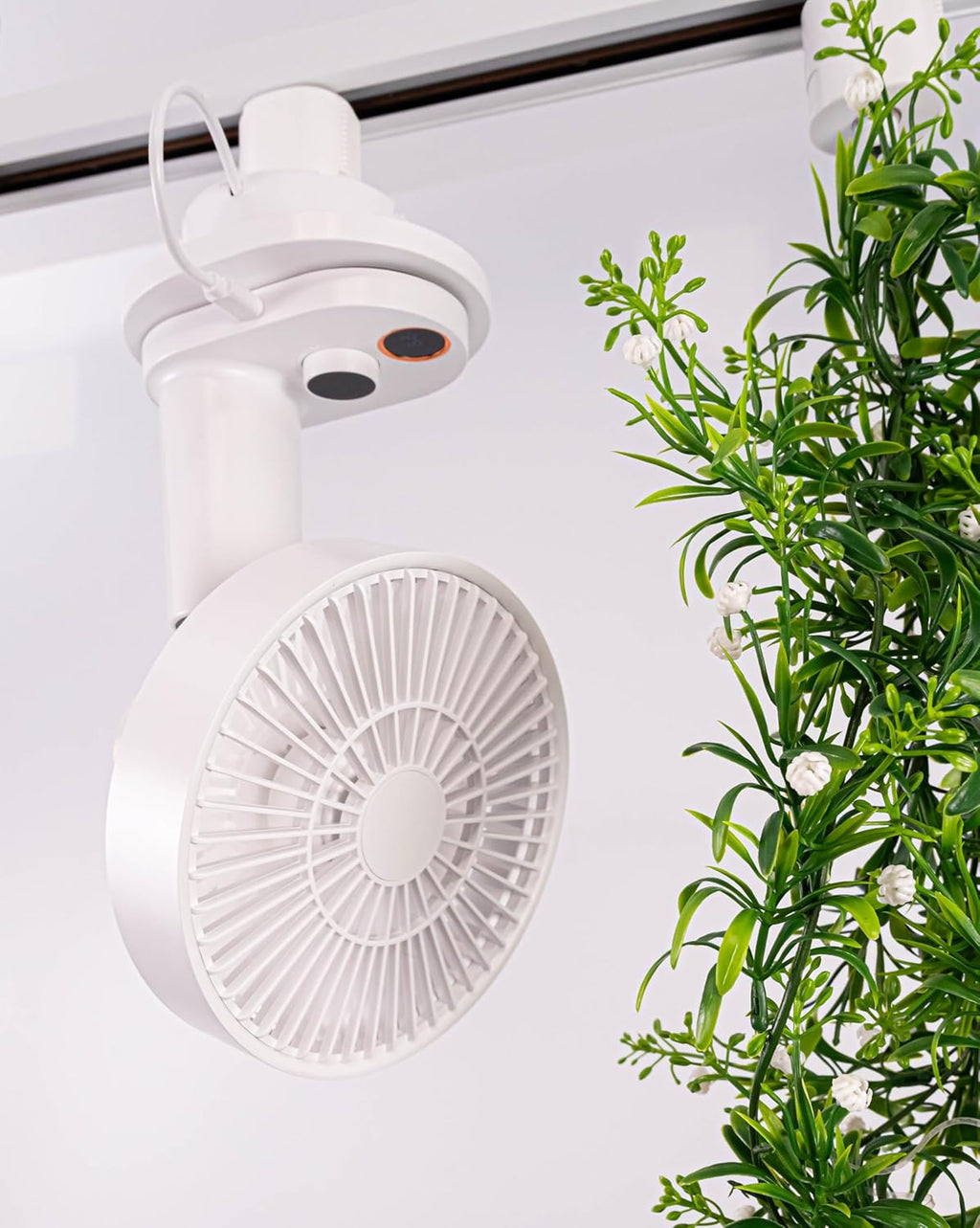 White H-type track fan, ideal for warehouse ventilation and small spaces, compatible with track lighting systems.