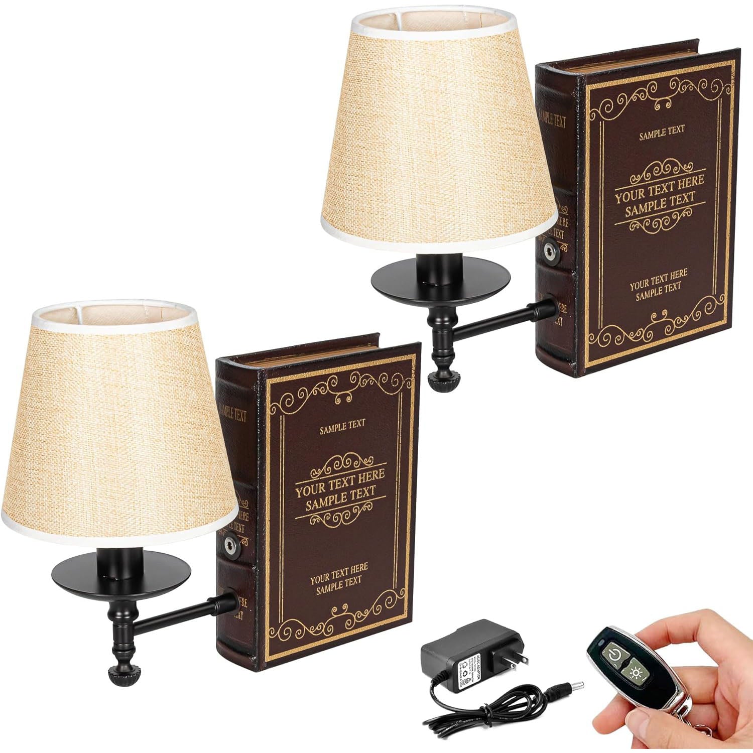 Kiven Cordless Bookshelf Lamp, Set of 2 Rechargeable Book Shelf Lamps 2700K Warm White, Farmhouse Decorative Bookend with Fabric Lampshade, Cordless Table Lamps for Bedside Shelf Home Decor Office