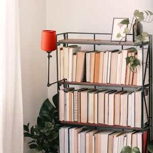 Kiven plug-in desk lamp with orange fabric shade on bookshelf, modern home decor