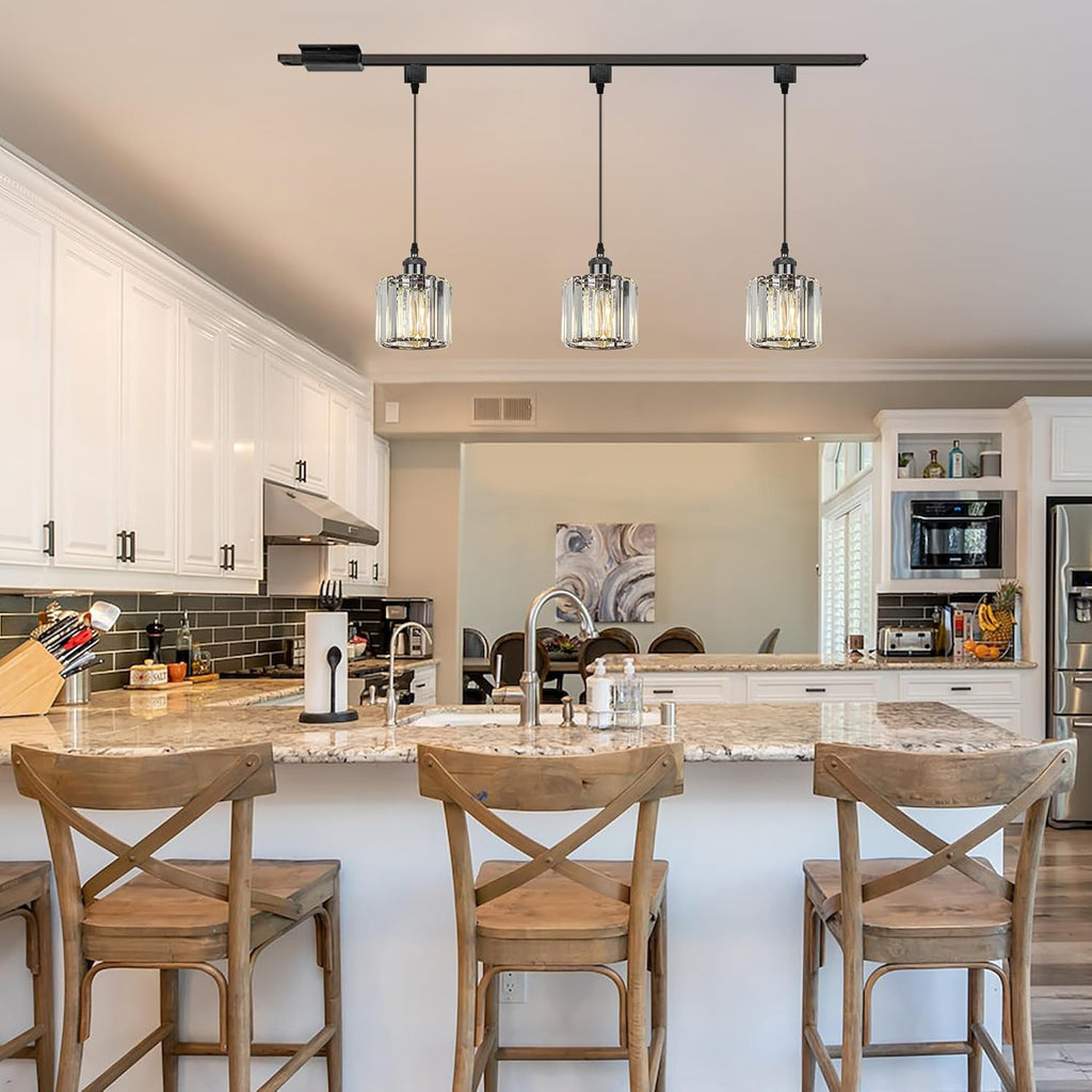 H-Type Track Lighting Pendants, 3-Light h Track Pendant Lights with Crystal Lampshade, H Track Light Pedant for Kitchen Island Home Cafe, Cord Length Customization,Black Finish Socket