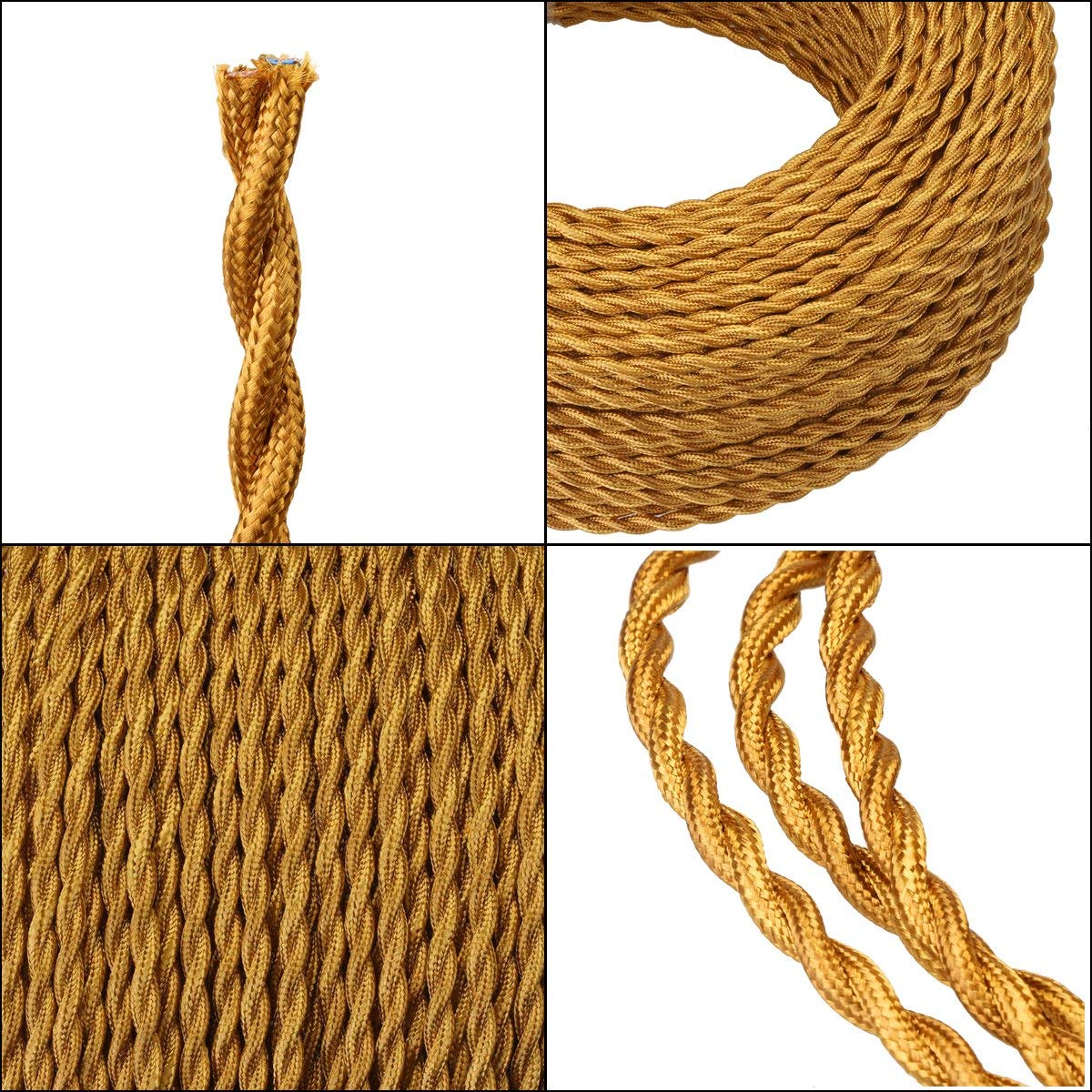 Kiven 328 Feet 2 Core Cloth Wire - Eight Color Options, Vintage Style Twisted Fabric Covered Lamp Cord for Hanging Pendants, Fans, etc (Gold)