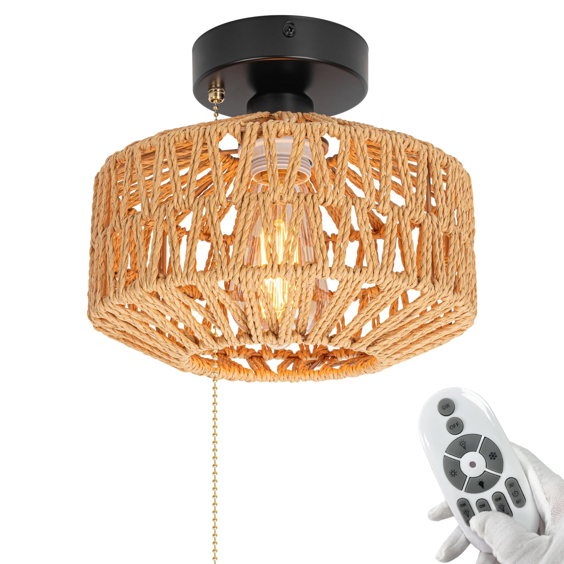 12V Boho Rattan RV Ceiling Light with Pull Chain Switch, Hand-Woven Wicker Dome Flush Mount Camper Lighting (Bulb Included)