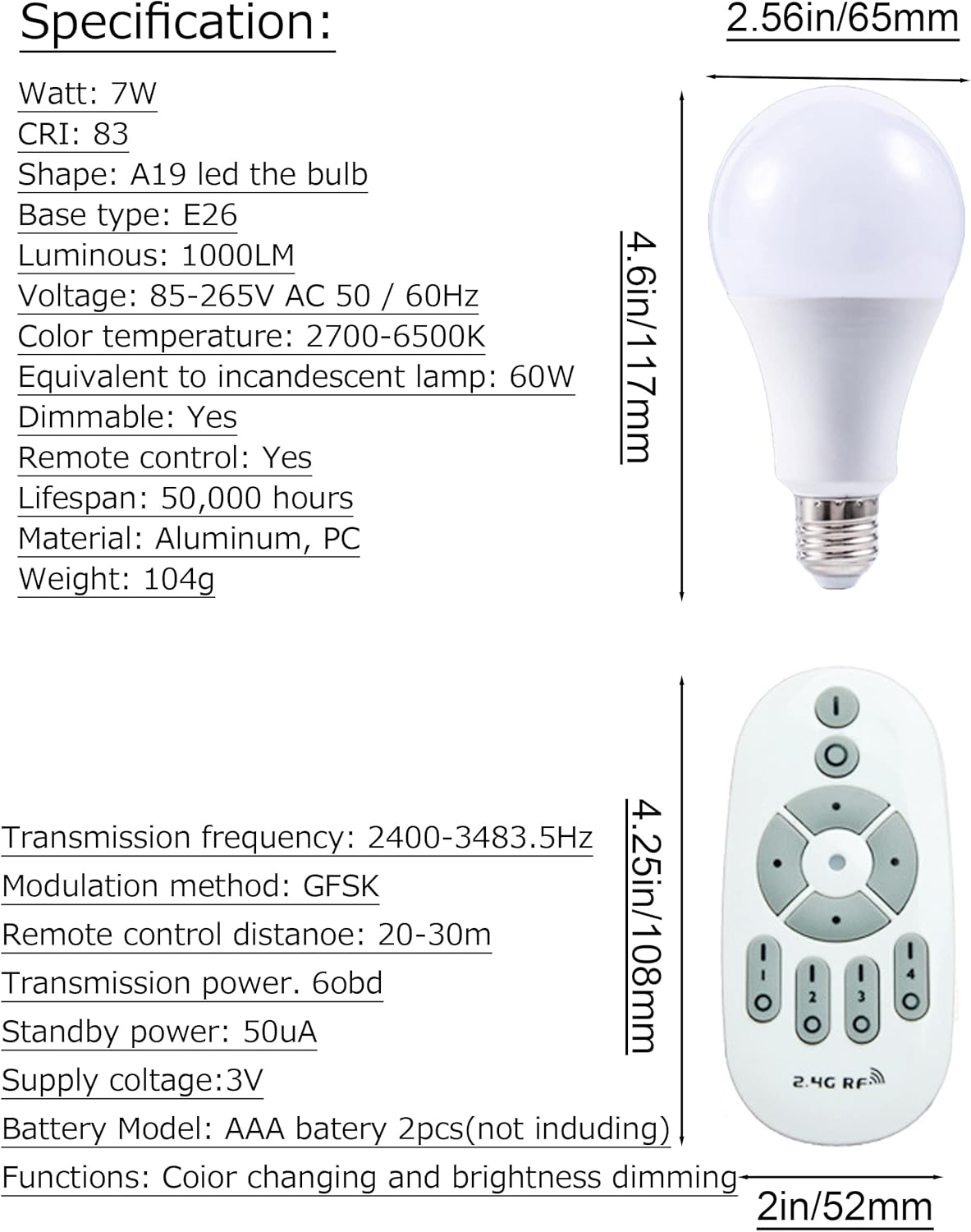 Dimmable smart LED bulb. E26, A19 shape, remote control. Perfect for Kiven industrial pendant lights. Color changing features.