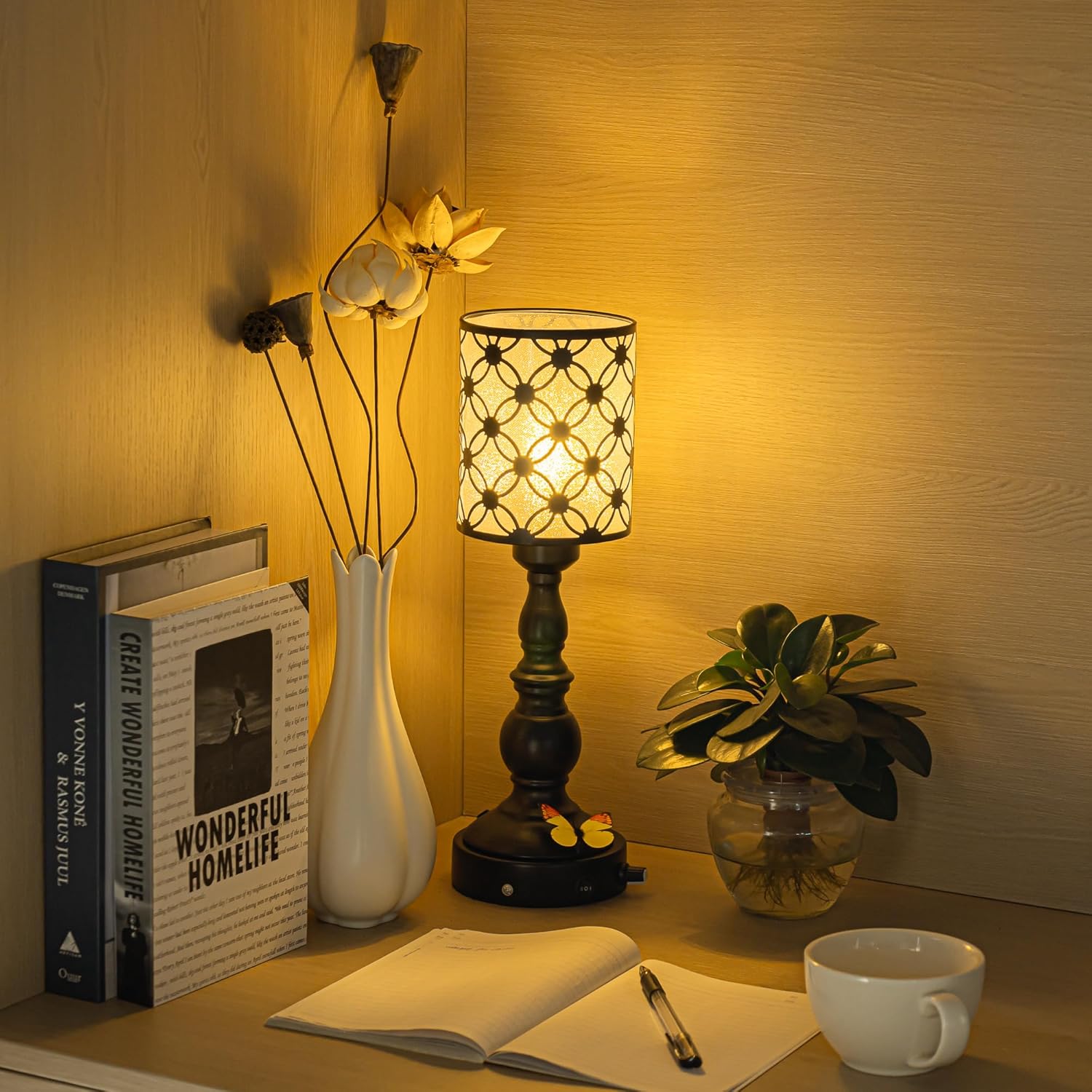 Kiven Cordless Table Lamp,Dimmable Rustic Farmhouse Bedside Desk Lamps with Metal Lampshade,2700K Warm White, Rechargeable Nightstand Lamp for Office Home Decor Bedside DZ0473