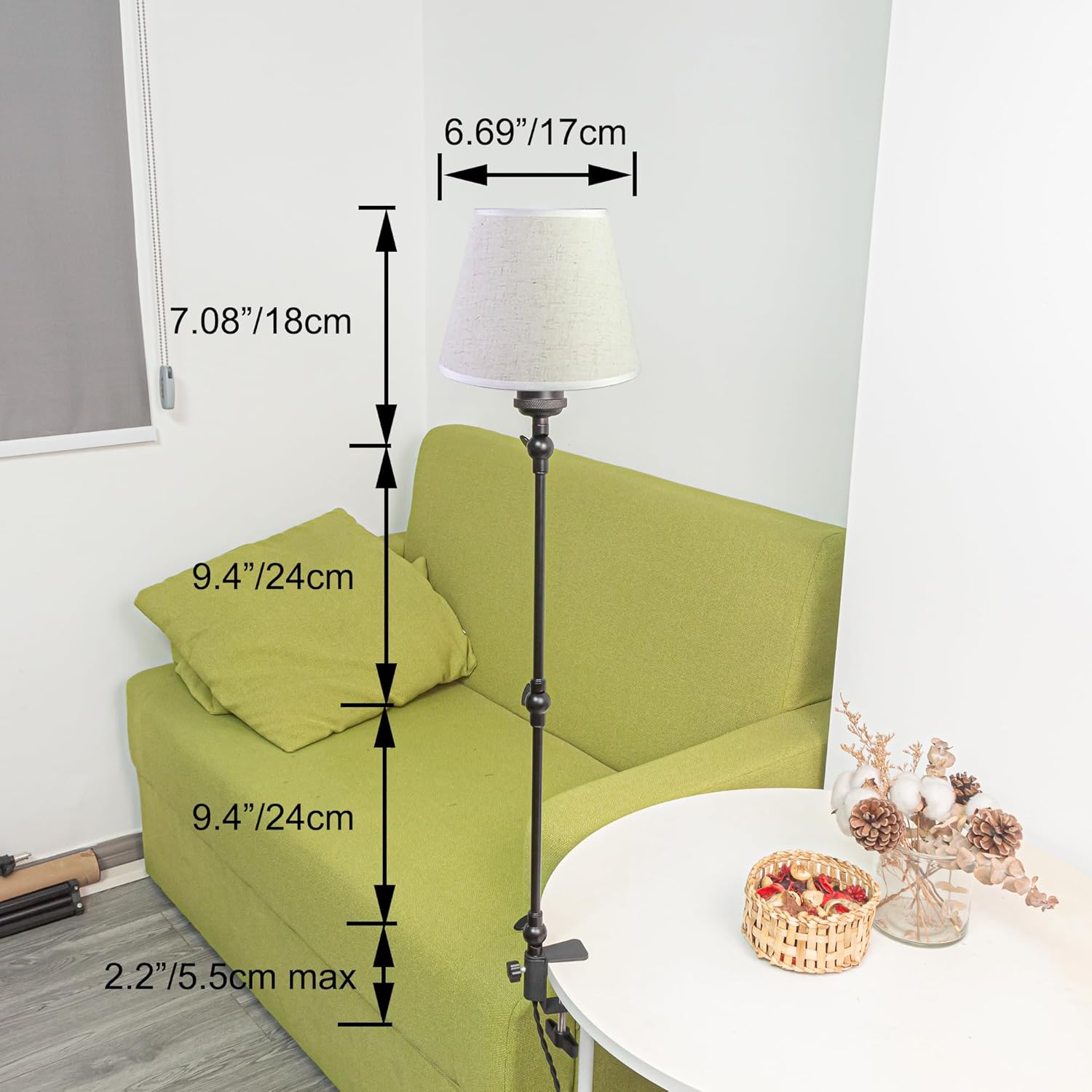 Kiven Plug-in Modern Clip-on Desk Lamp, 1-Light Modern Nightstand Lamp with Flexible Arm, White Drum Fabric Lampshade, 8.2FT Plug in Cord, Decorative Clamp Lamp for Office Home Bookshelf Bedside
