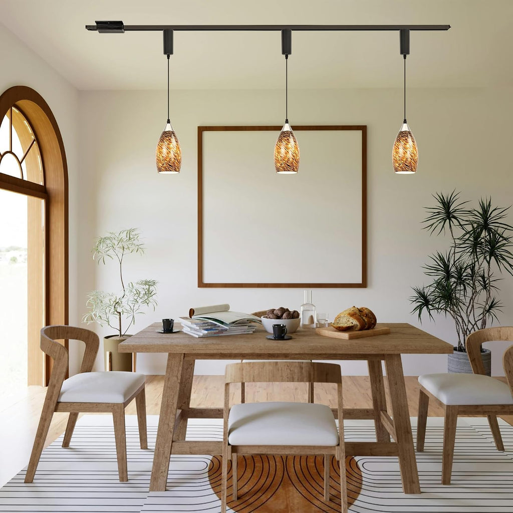 Kiven H-Type Track Lighting Pendants Adjustable Height,Farmhouse h Track Pendant Lights with Brown Glass Lampshade,Decorative Track Lighting Fixture for Kitchen Island Hallway, 3-Light