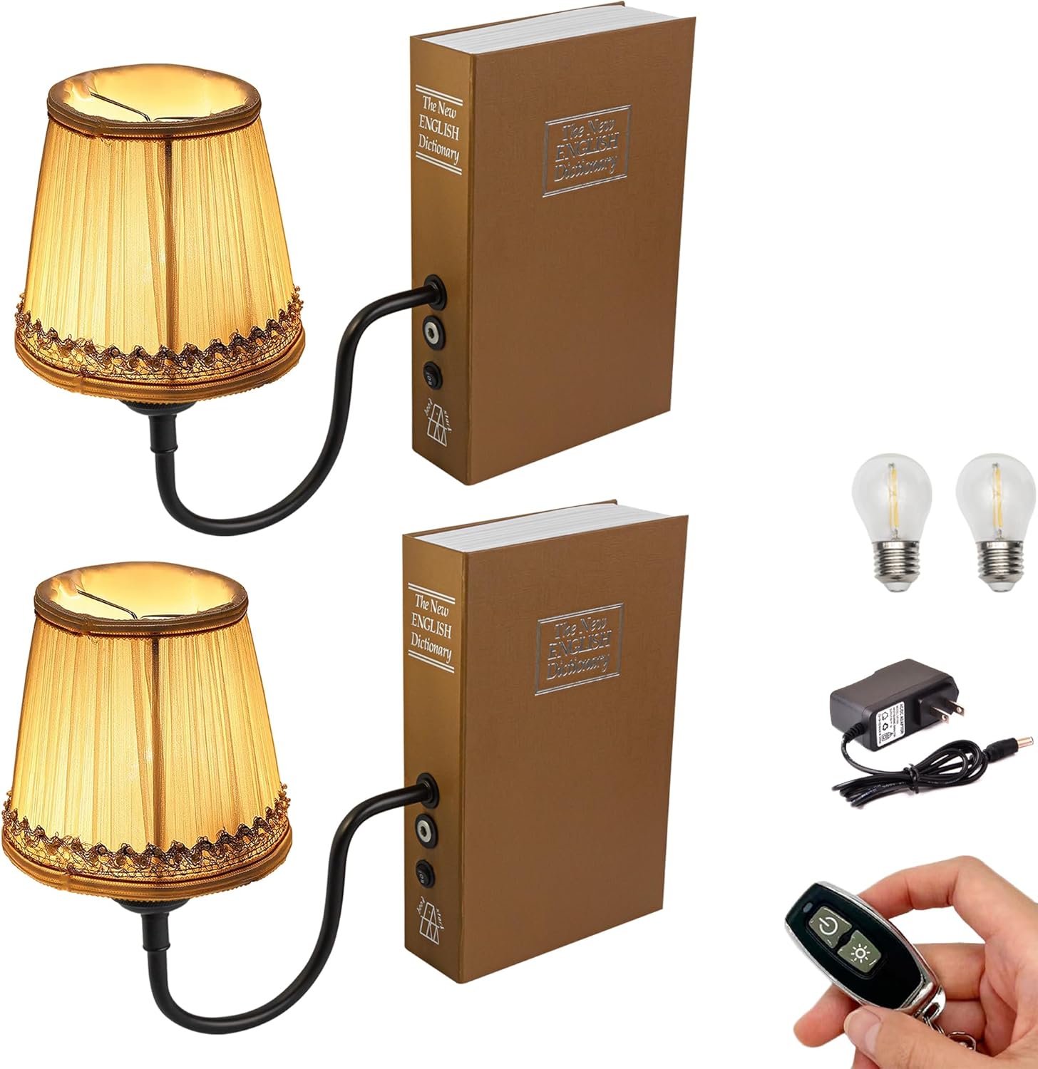 Kiven Cordless Table Lamp, Set of 2 Rechargeable Bookshelf Lamp with Off-White Fabric Lampshade, Farmhouse Decorative Bookend, Cordless Lamp for Office Home Decor Bedside Bookshelf
