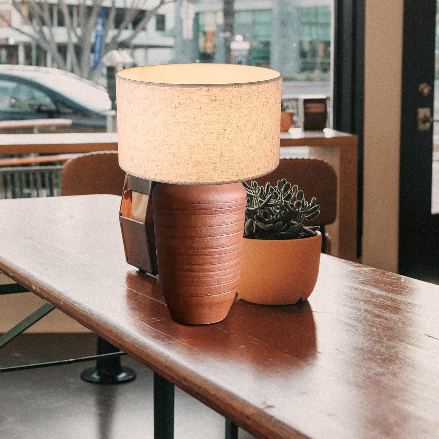 Rustic Terracotta Ceramic Pot Table Lamp Rechargeable Battery Operated RGB Bulb, Remote, Wireless Timer 15 Color Temperature Beige Dome Fabric Shade Farmhouse Bedside Lamps, Terra Cotta