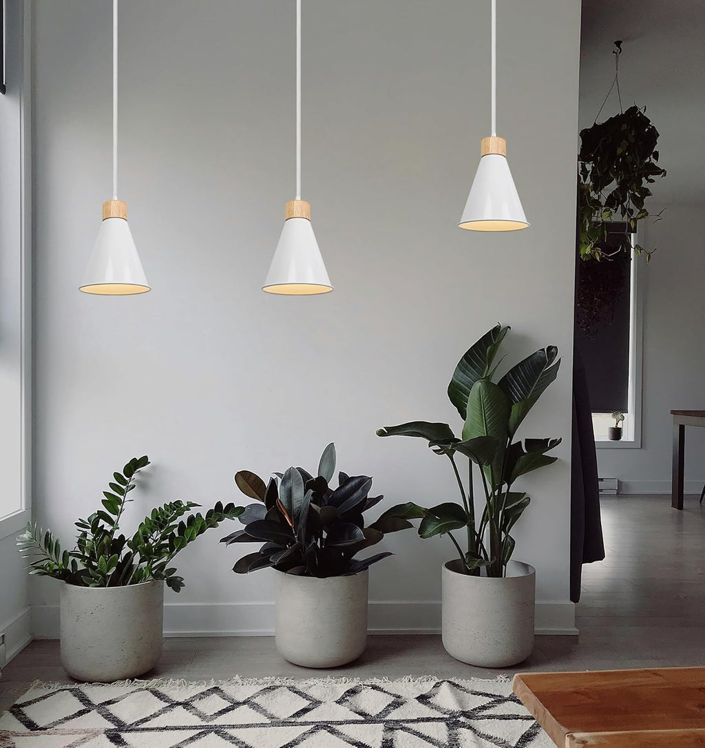 White and wood pendant lights above houseplants, full spectrum bulb, vintage design for home.