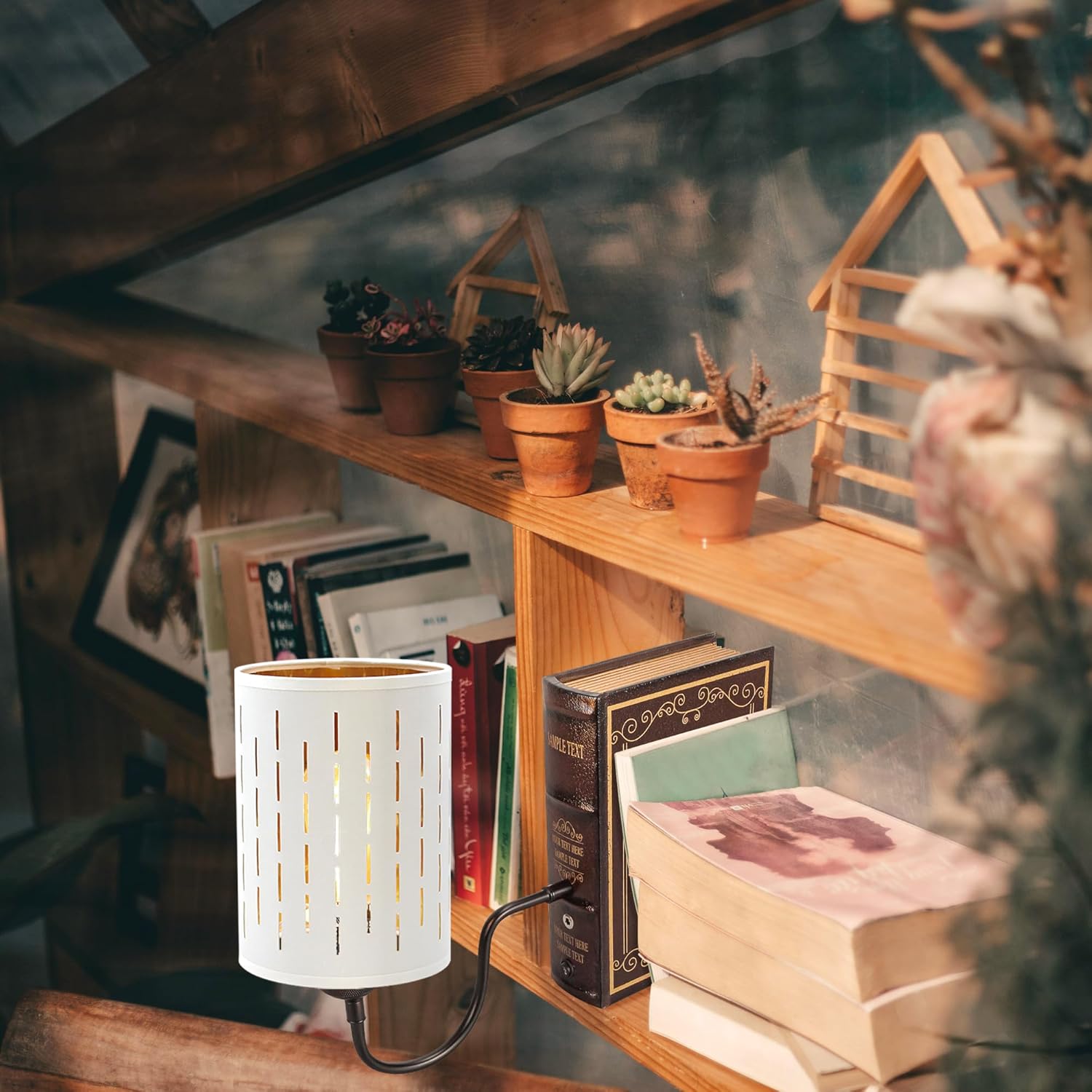 Kiven Cordless Bookshelf Lamp, Set of 2 Rechargeable Bookcase Lighting with White Fabric Lampshade, Farmhouse Decorative Bookend, Cordless Table Lamp for Bedside Bookshelf Office Home Decor-DZ0286-3