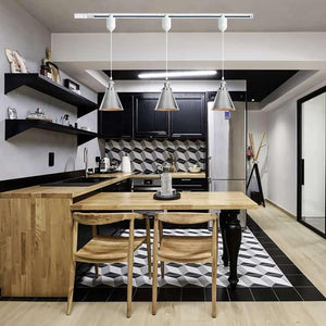 Silver H-Type track pendant lights in a modern kitchen. Metal lampshades for bedroom, shop, or kitchen lighting.