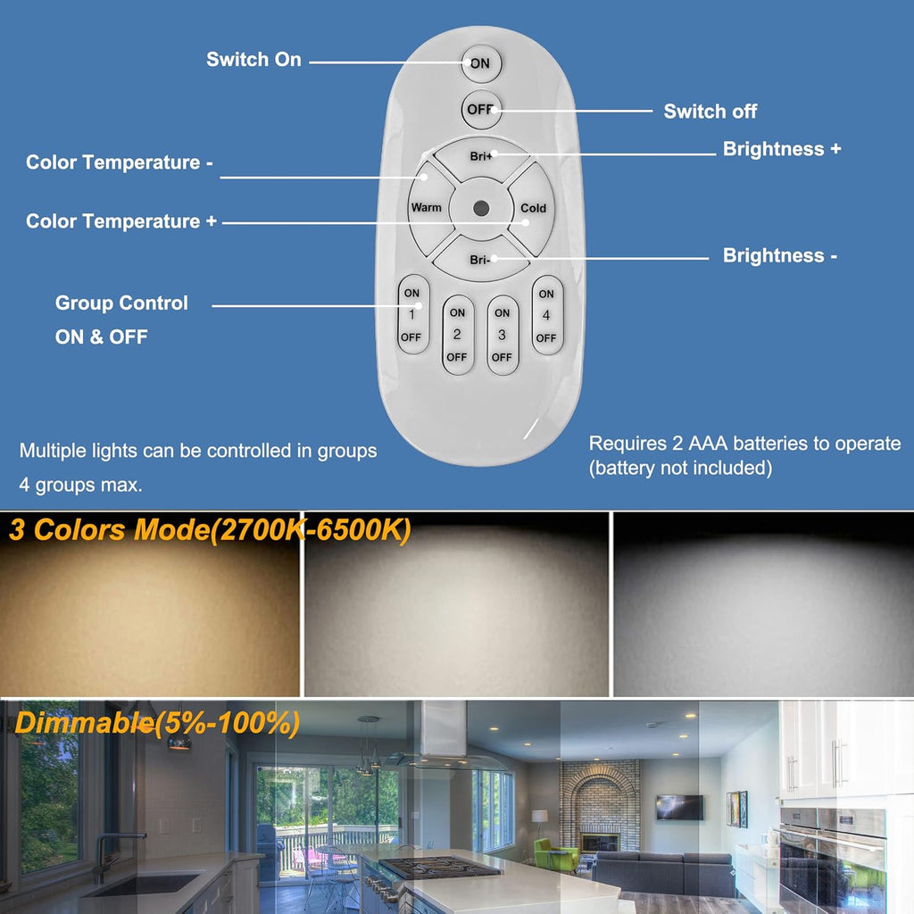 Kiven Lighting track light remote: Color temperature & brightness controls, 3 color modes, dimmable. Requires AAA batteries.