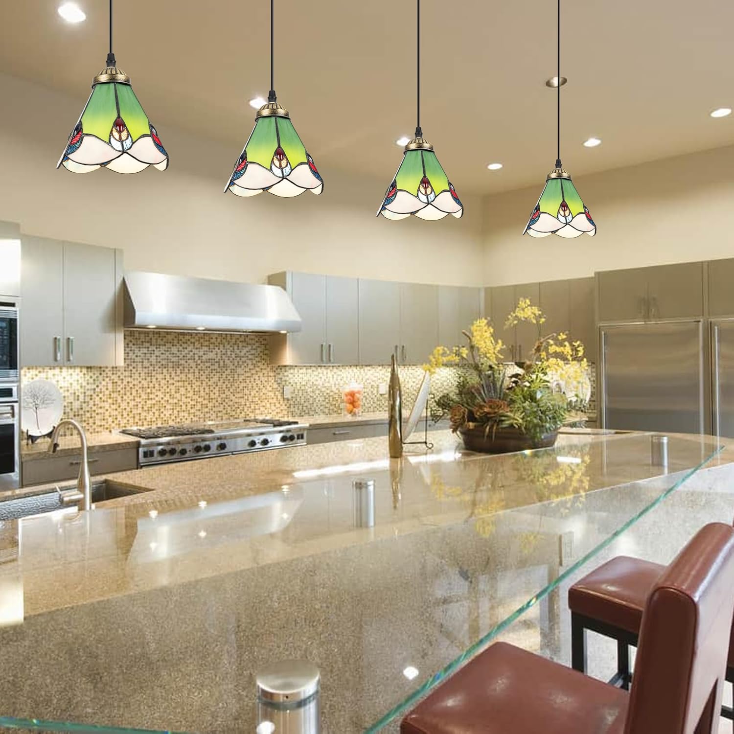 Mini Adjustable Cord Length L Type Track Lighting Green Lily Flower Stained Art Glass 4 Ft Track Mount Pendant Light Decorate for Kitchen Island Sloped and Vaulted Ceiling Customizable