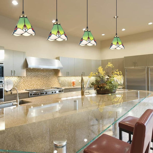Mini Adjustable Cord Length L Type Track Lighting Green Lily Flower Stained Art Glass 4 Ft Track Mount Pendant Light Decorate for Kitchen Island Sloped and Vaulted Ceiling Customizable
