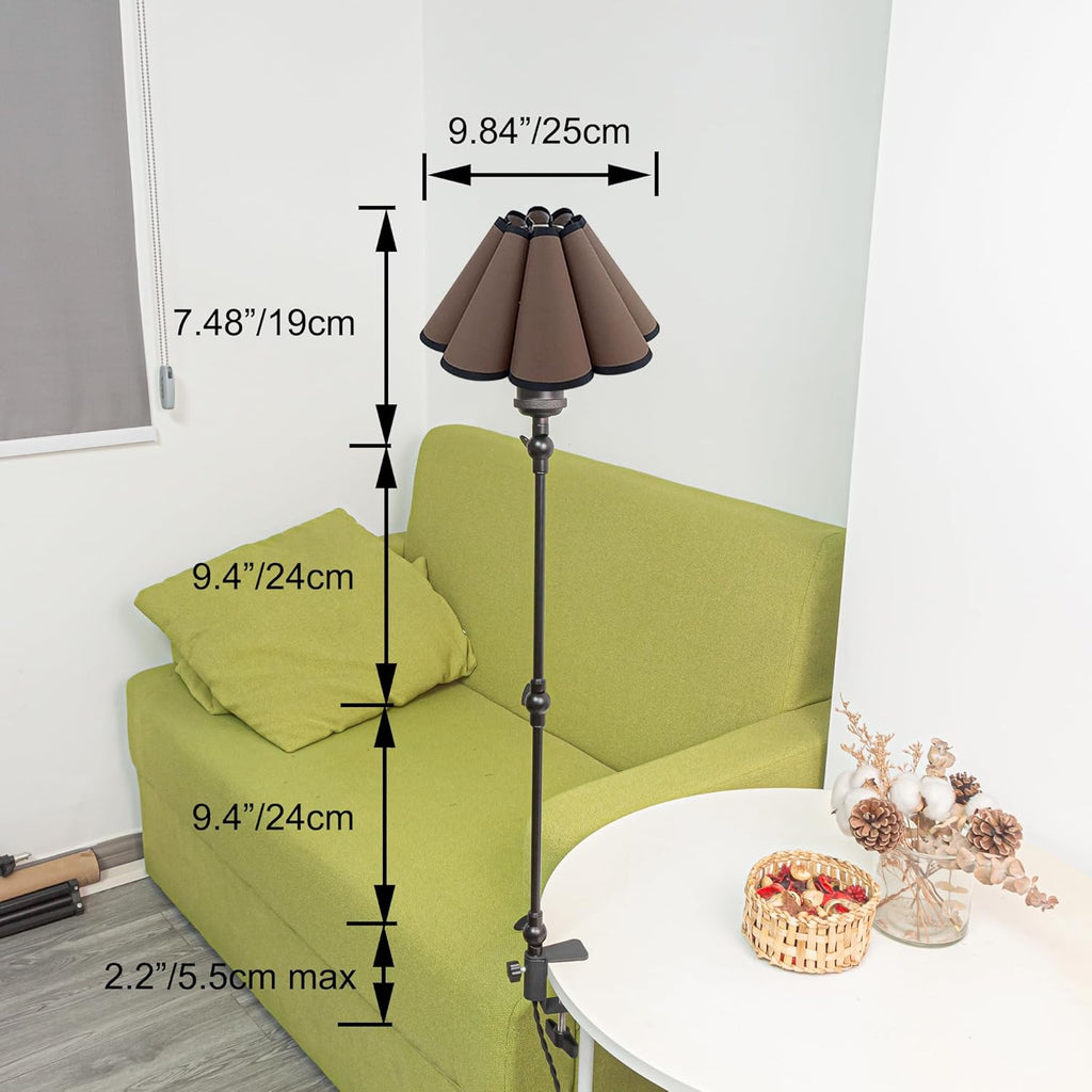 Kiven Plug-in Modern Clip-on Desk Lamp, 1-Light Modern Nightstand Lamp with Flexible Arm, Brown Pleated Fabric Lampshade, 8.2FT Plug in Cord, Decorative Clamp Lamp for Office Home Bookshelf Bedside