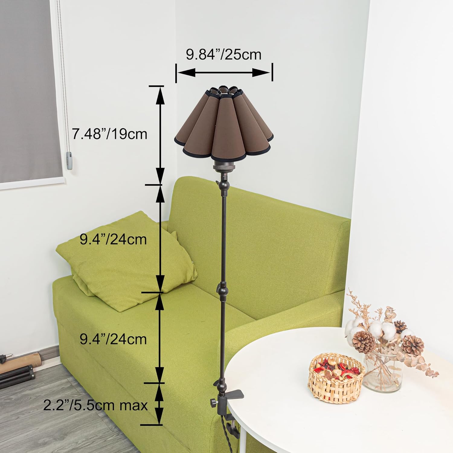 Kiven Plug-in Modern Clip-on Desk Lamp, 1-Light Modern Nightstand Lamp with Flexible Arm, Brown Pleated Fabric Lampshade, 8.2FT Plug in Cord, Decorative Clamp Lamp for Office Home Bookshelf Bedside