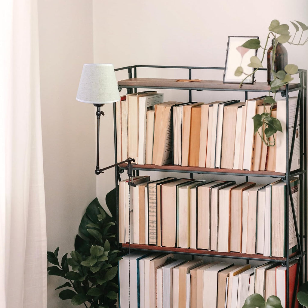 Kiven Plug-in Modern Clip-on Desk Lamp, 1-Light Modern Nightstand Lamp with Flexible Arm, White Drum Fabric Lampshade, 8.2FT Plug in Cord, Decorative Clamp Lamp for Office Home Bookshelf Bedside
