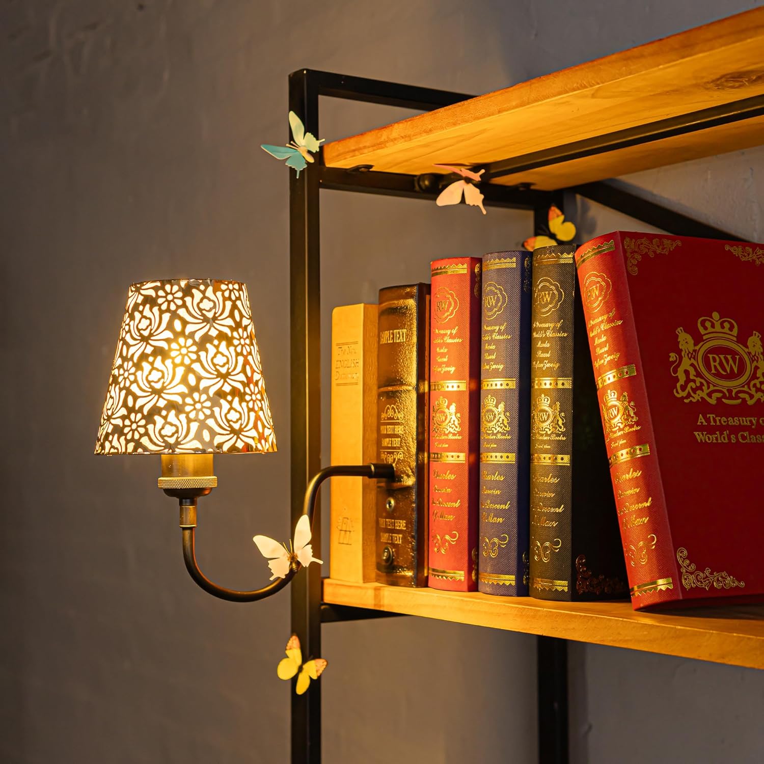 Kiven Cordless Bookshelf Lamp, Rechargeable Bookcase Lighting with Iron Lampshade, Farmhouse Decorative Bookend, Cordless Table Lamp for Bedside Bookshelf Cabinet Home Decor DZ0482