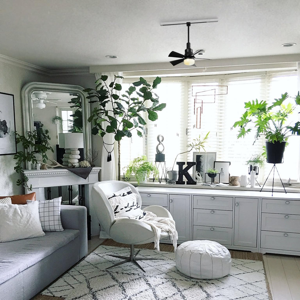 Modern Track Ceiling Fan with Light, Remote Control Dimmable, H Type, Black/White, for Kitchen & Living Spaces