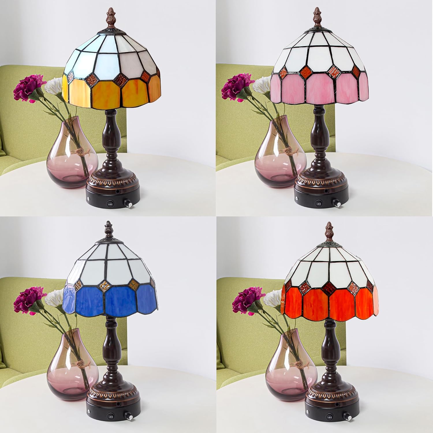 Kiven Cordless Table Lamp, Dimmable Bedside Lamps for Nightstand with Pink Glass Lampshade, Tiffany-Style Rechargeable Desk Lamp for Reading Home Decor Bedside,Set of 3