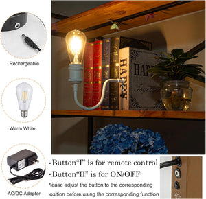 Kiven Cordless Bookshelf Lamp, rechargeable with warm white LED. Includes AC/DC adaptor, remote control, and bookshelf decor.