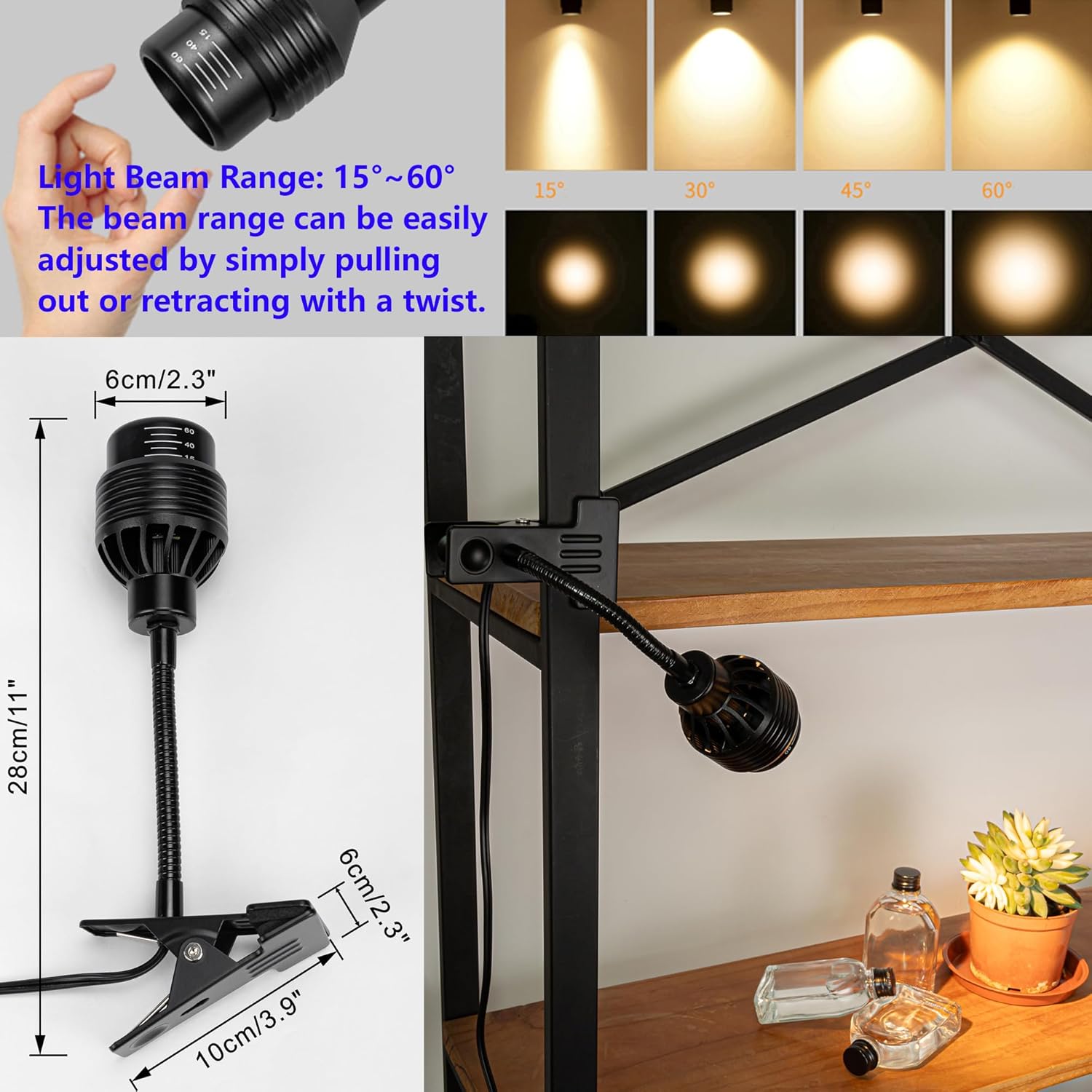 Clip mount 7W spotlight with adjustable beam angle (15-60°), perfect for focused plant lighting. Includes timer cable.