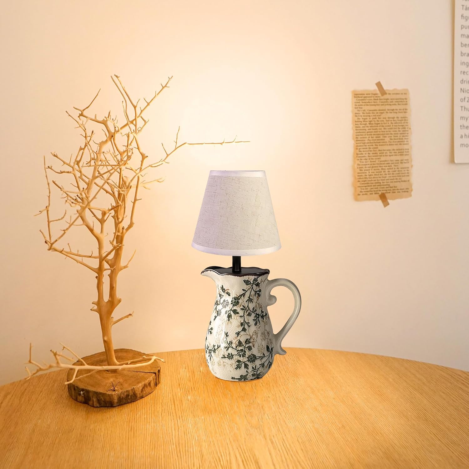 Kiven Cordless Table Lamp, Dimmable LED Vase Lamps with Fabric Lampshade, Classic Cottage Ambient Light, 1-Light Rechargeable Nightstand Lamp for Office Bookcase Bedside TD1003