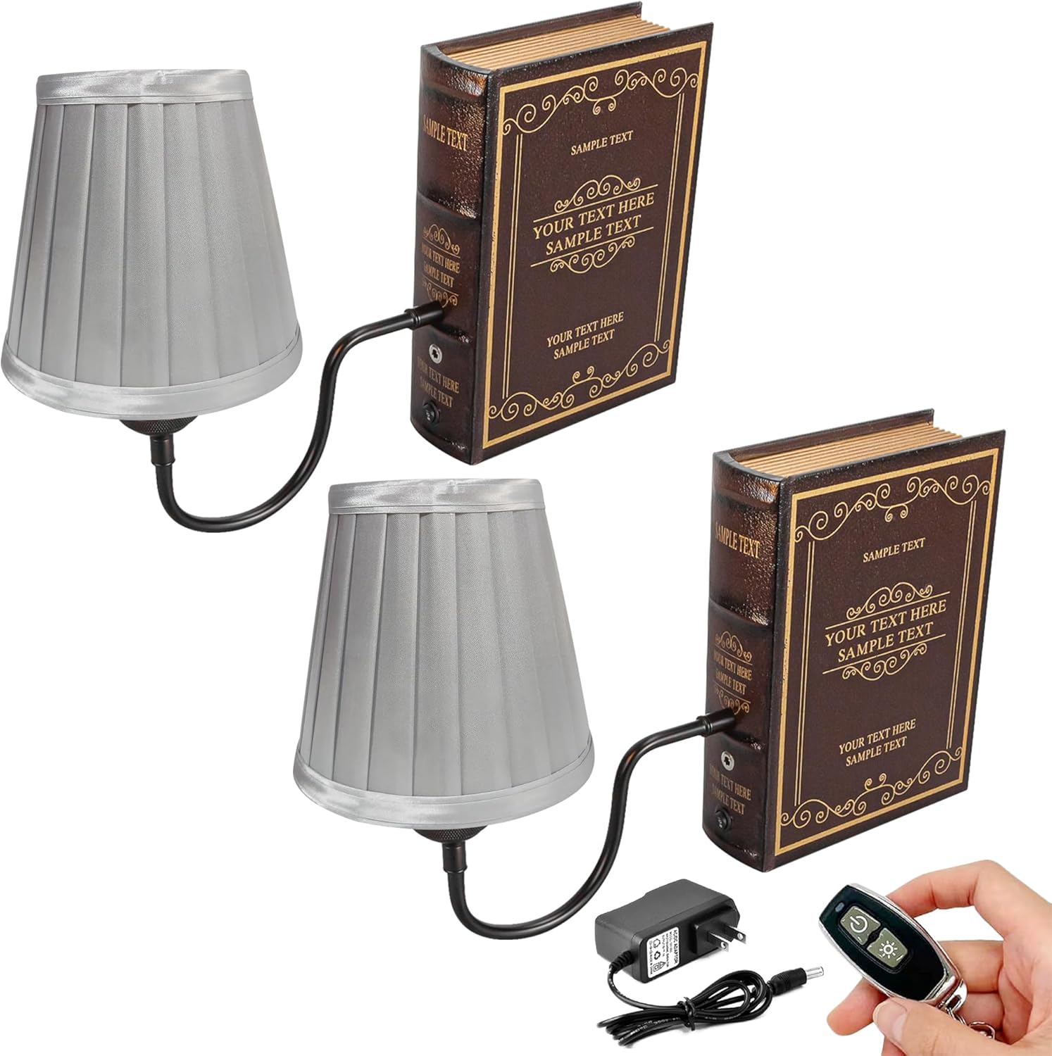 Kiven Cordless Bookshelf Lamp, Set of 2 Rechargeable Bookcase Lighting with Pink Fabric Lampshade, Farmhouse Decorative Bookend, Cordless Table Lamp for Bedside Bookshelf Home Decor