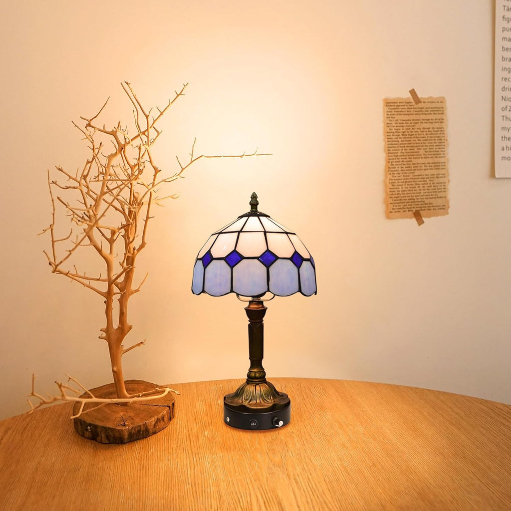 Kiven Battery Operated Tiffany Table Lamp, Dimmable Stained Glass Wireless Desk Lamp with Remote, 5V Portable Nightstand Light for Bedroom & Living Room