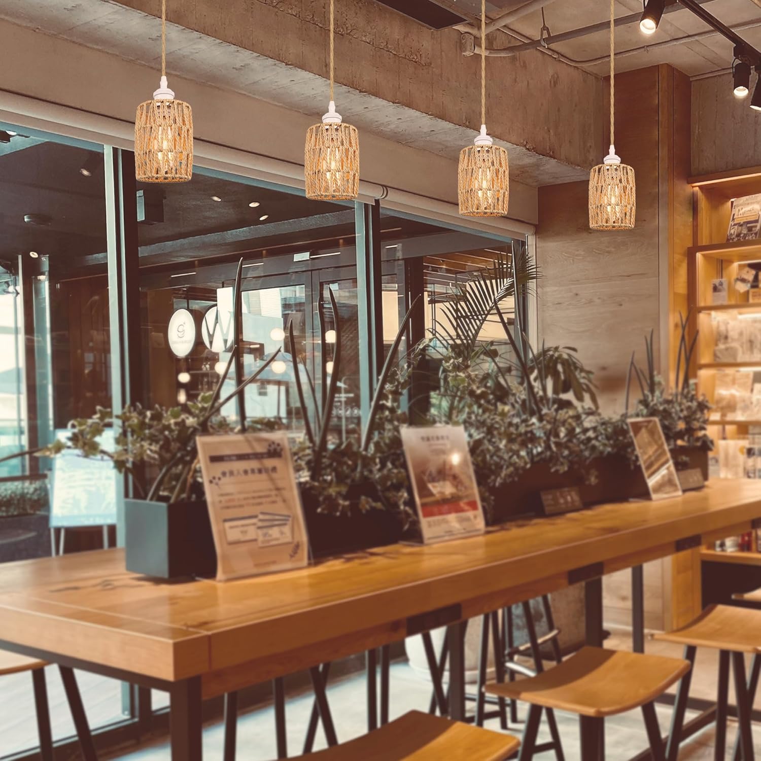 H Type Track Lighting Pendants Twine Natural Rattan Shade Modern Vintage Style, Dimmable E26 Socket Track Mount Pendant Lights Decorate for Kitchen Island Customizable 3.2ft
