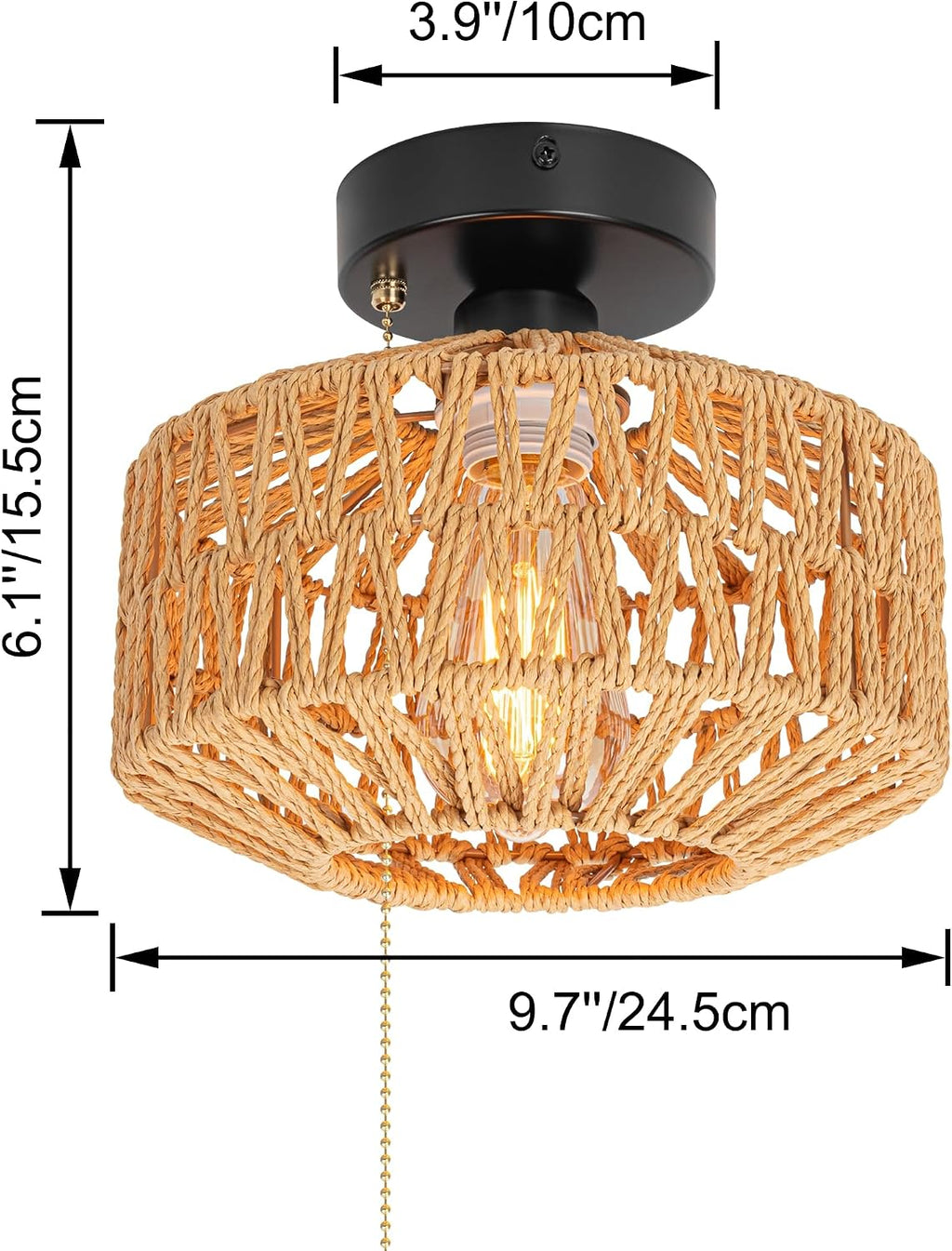 12V Boho Rattan RV Ceiling Light with Pull Chain Switch, Hand-Woven Wicker Dome Flush Mount Camper Lighting (Bulb Included)