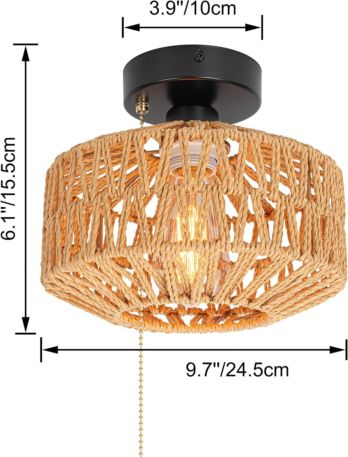 12V Boho Rattan RV Ceiling Light with Pull Chain Switch, Hand-Woven Wicker Dome Flush Mount Camper Lighting (Bulb Included)