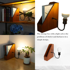 Kiven Cordless Bookshelf Lamp with storage box and LED light, Farmhouse bedside bookshelf lighting, solving clutter.
