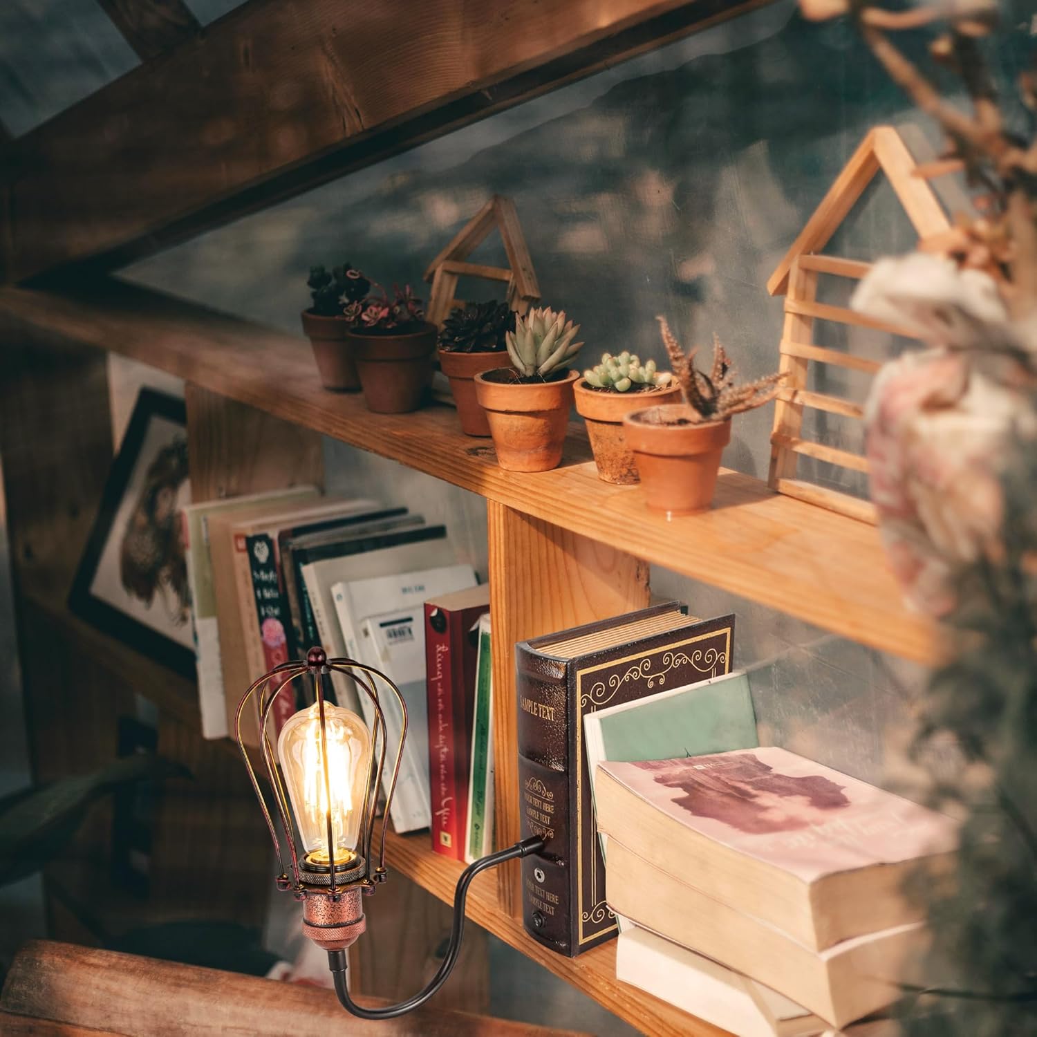 Kiven Plug-in Table Lamps, 1-Light Industrial Bookshelf Lamp with Remote Control, Farmhouse Decorative Bookend, Plug in Book Lamp for Office Home Decor Bedside Bookcase Rusty Red DZ0006