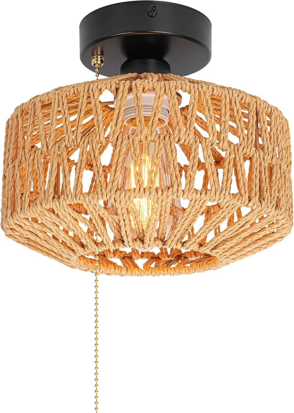 12V Boho Rattan RV Ceiling Light with Pull Chain Switch, Hand-Woven Wicker Dome Flush Mount Camper Lighting (Bulb Included)