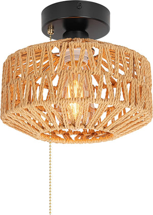 12V Boho Rattan RV Ceiling Light with Pull Chain Switch, Hand-Woven Wicker Dome Flush Mount Camper Lighting (Bulb Included)