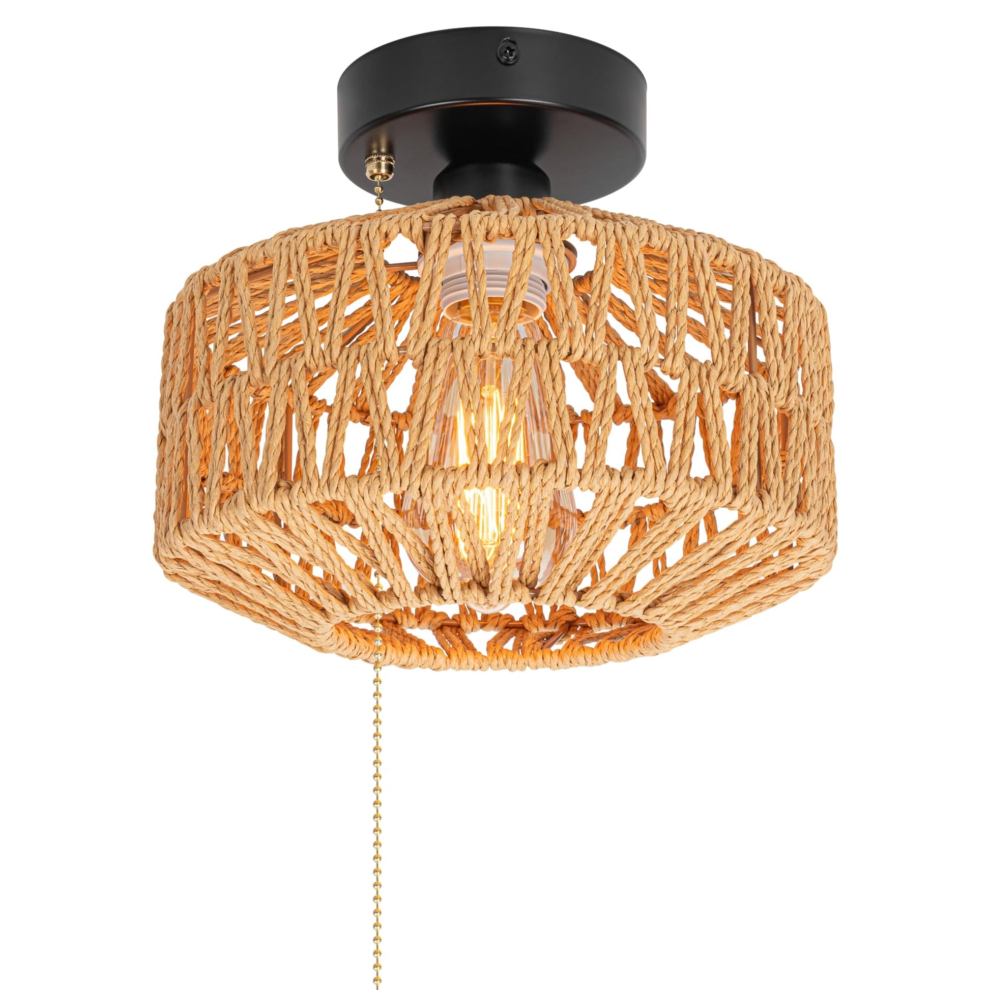 12V Boho Rattan RV Ceiling Light with Pull Chain Switch, Hand-Woven Wicker Dome Flush Mount Camper Lighting (Bulb Included)