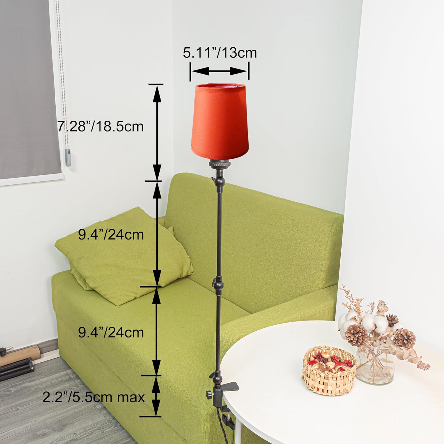 Kiven Plug-in Modern Clip-on Desk Lamp, 1-Light Nordic Nightstand Lamp with Flexible Arm, Orange Drum Fabric Lampshade, 8.2FT Plug in Cord, Decorative Clamp Lamp for Office Home Bookshelf Bedside