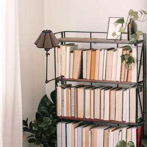 Kiven plug-in modern desk lamp with brown pleated shade, styled on a bookshelf, ideal for bedroom, home, or office.