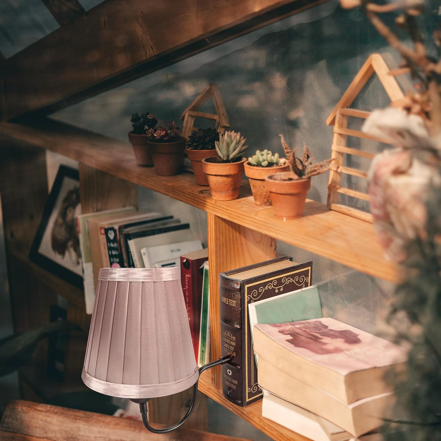 Kiven Cordless Bookshelf Lamp, Set of 2 Rechargeable Bookcase Lighting with Pink Fabric Lampshade, Farmhouse Decorative Bookend, Cordless Table Lamp for Bedside Bookshelf Home Decor