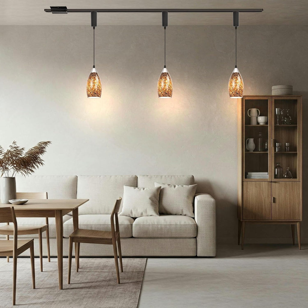 Kiven H-Type Track Lighting Pendants Adjustable Height,Farmhouse h Track Pendant Lights with Brown Glass Lampshade,Decorative Track Lighting Fixture for Kitchen Island Hallway, 3-Light
