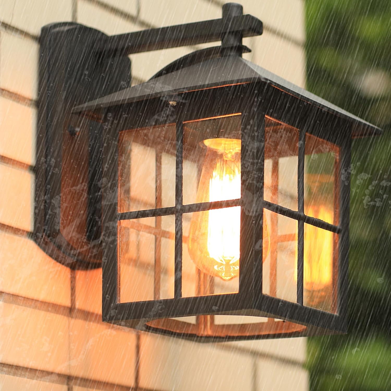 Kiven Plug-in Wall Sconces Clear Beveled Glass Industrial Exterior Wall Lantern Outdoor Timer Adjustable Photocell Combo with UL Waterproof Switch Cord Dusk to Dawn Setting for Porch