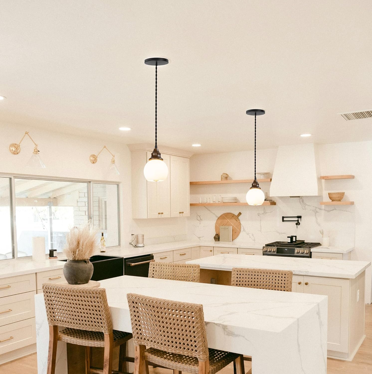 Black 7" Metal Dome Instant Pendant Walnut Base White Glass Ball Shade Vintage Design Hanging Lamp 4"-6" Recessed Light Replacement Downlight for Kitchen(No Bulb)