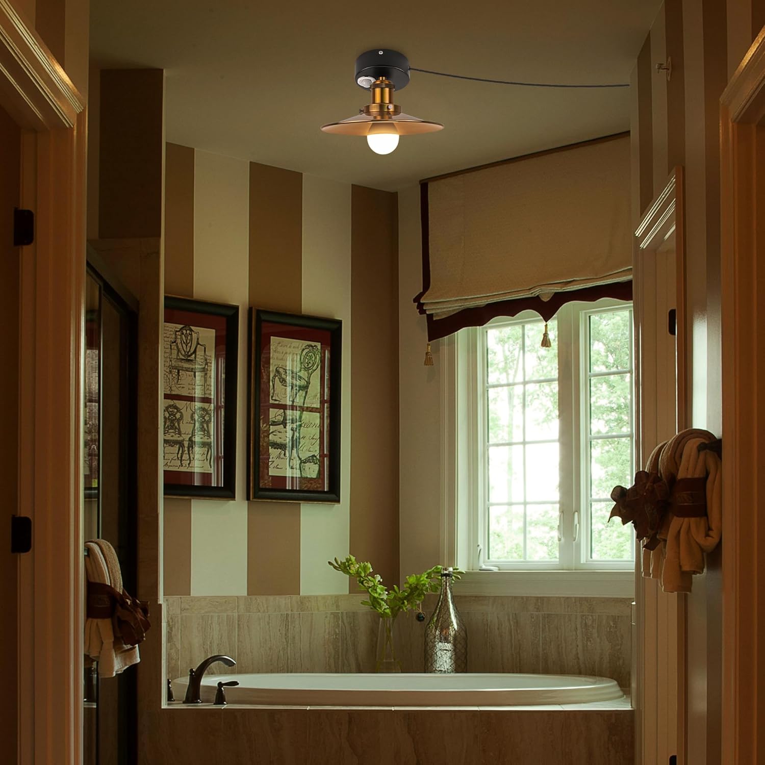 Kiven Motion Sensor Ceiling Light, brass finish, plug-in, in bathroom, motion activated for hallways and bathrooms.