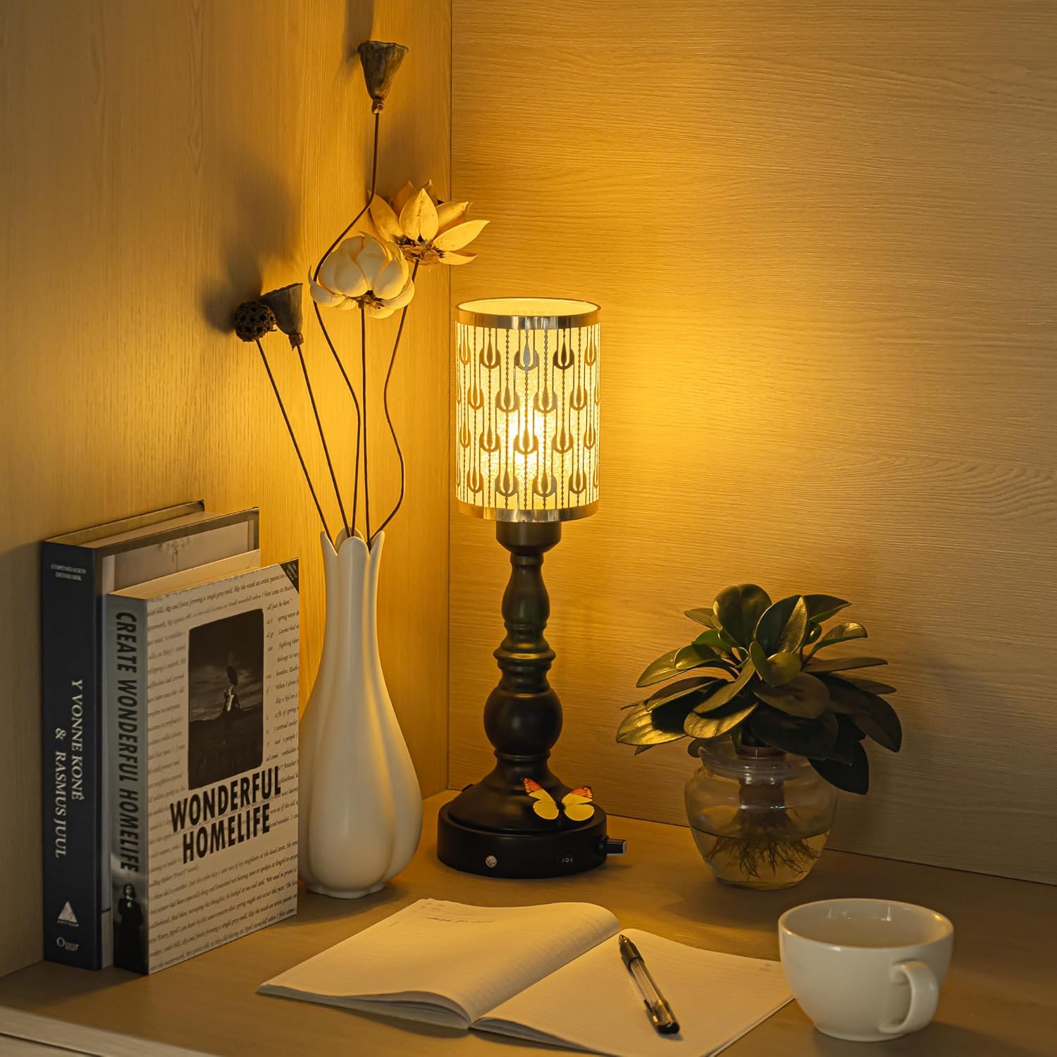Kiven Cordless Table Lamp,Dimmable Rustic Farmhouse Bedside Desk Lamps with Metal Lampshade,2700K Warm White, Rechargeable Nightstand Lamp for Office Home Decor Bedside DZ0472