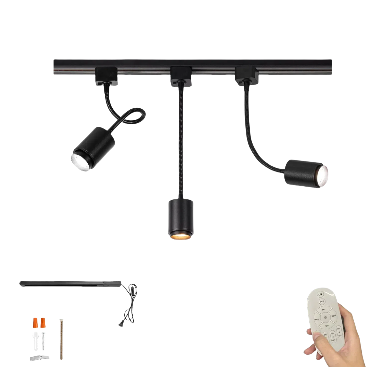 Kiven Dimmmable Plug in Track Light, 3-Light Modern Halo Track Lighting Fixtures with 360° Flexible Gooseneck and Remote, Black Aluminum LED Spotlight for Gallery, Bedroom (Track Rail Included)