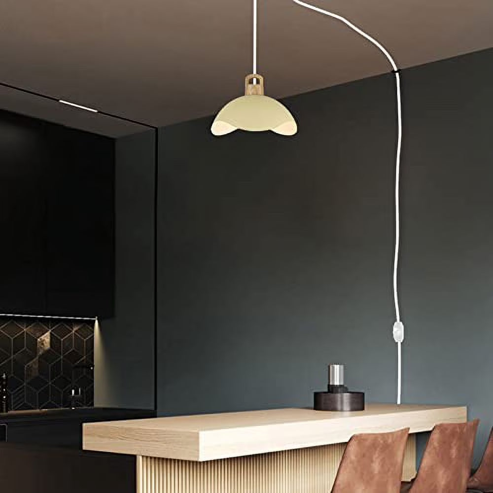 Kiven Modern Plug-in Pendant Light with Wavy Shade & Wood Top, Dimmable Hanging Cord Light