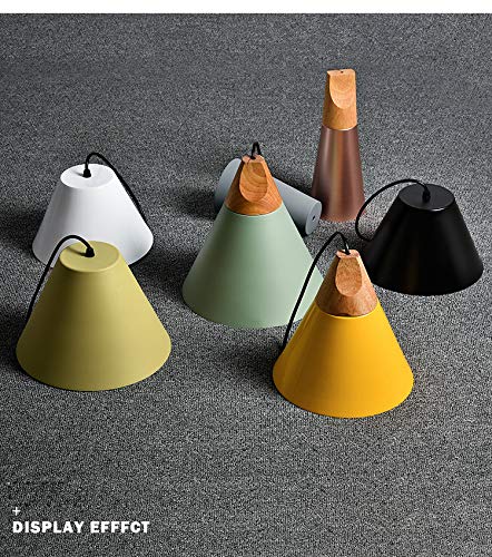Macaron pendant lights in various colors with wood accents, displaying lighting options for home and business, cone lamps.
