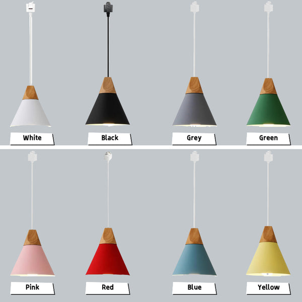 H-Type Scandinavian track pendant lights in White, Black, Grey, Green, Pink, Red, Blue, Yellow colors. Wood & aluminum.